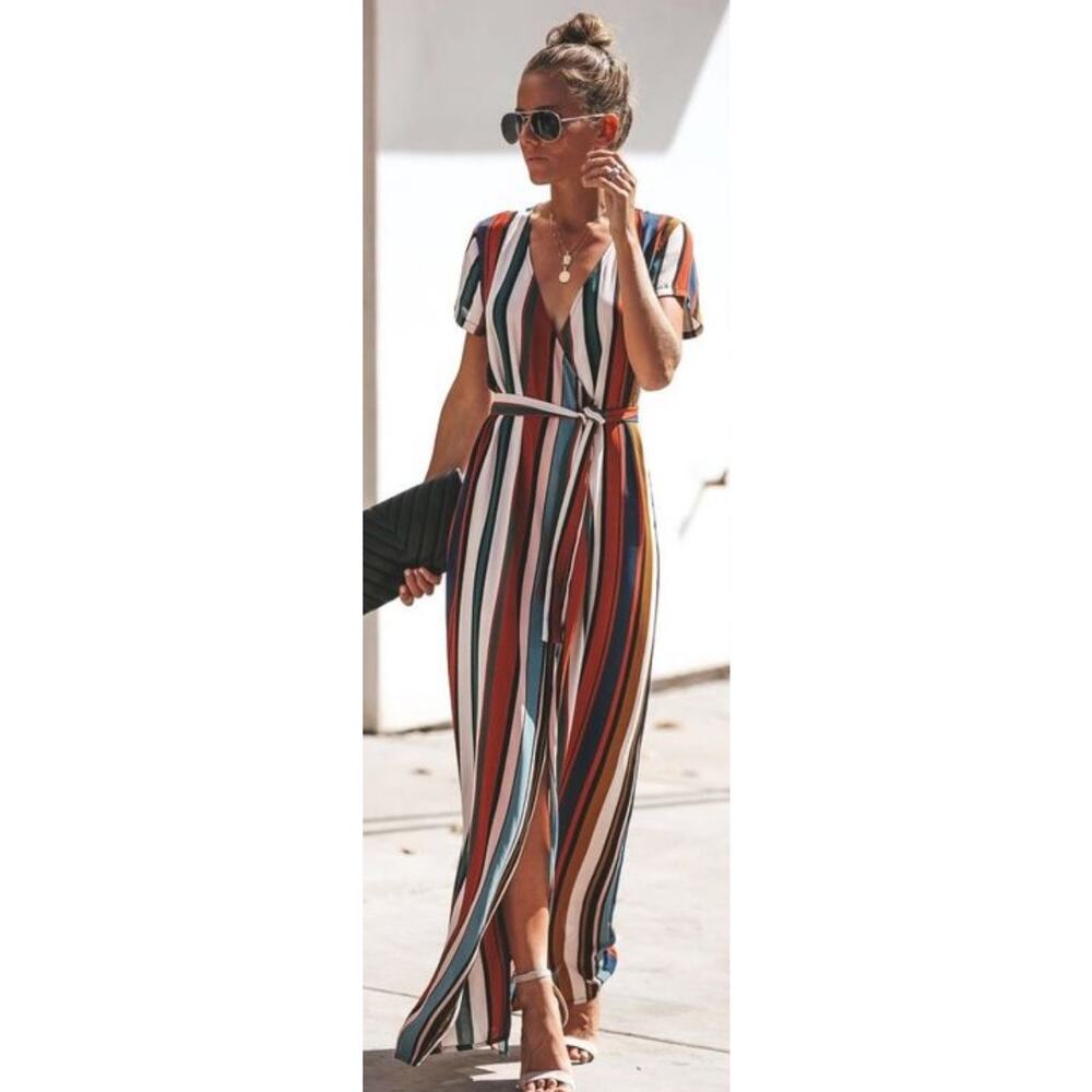 Vici Multicolored striped Short Sleeve Wrap Maxi Dress size L Large - Picture 5 of 5